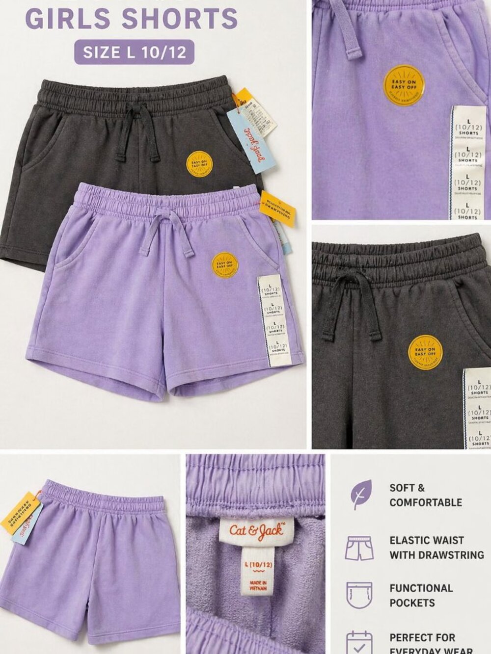 Cat & Jack Girls Shorts 2 Pack Lavender Gray Drawstring Pocket Shorts